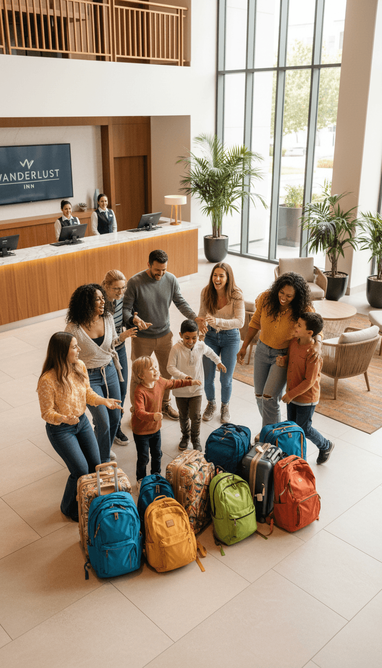 Familia feliz llegando al hotel