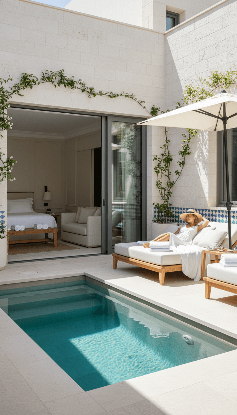 Private suite pool terrace with plunge pool, lounge chair, and Mediterranean architectural details overlooking resort grounds