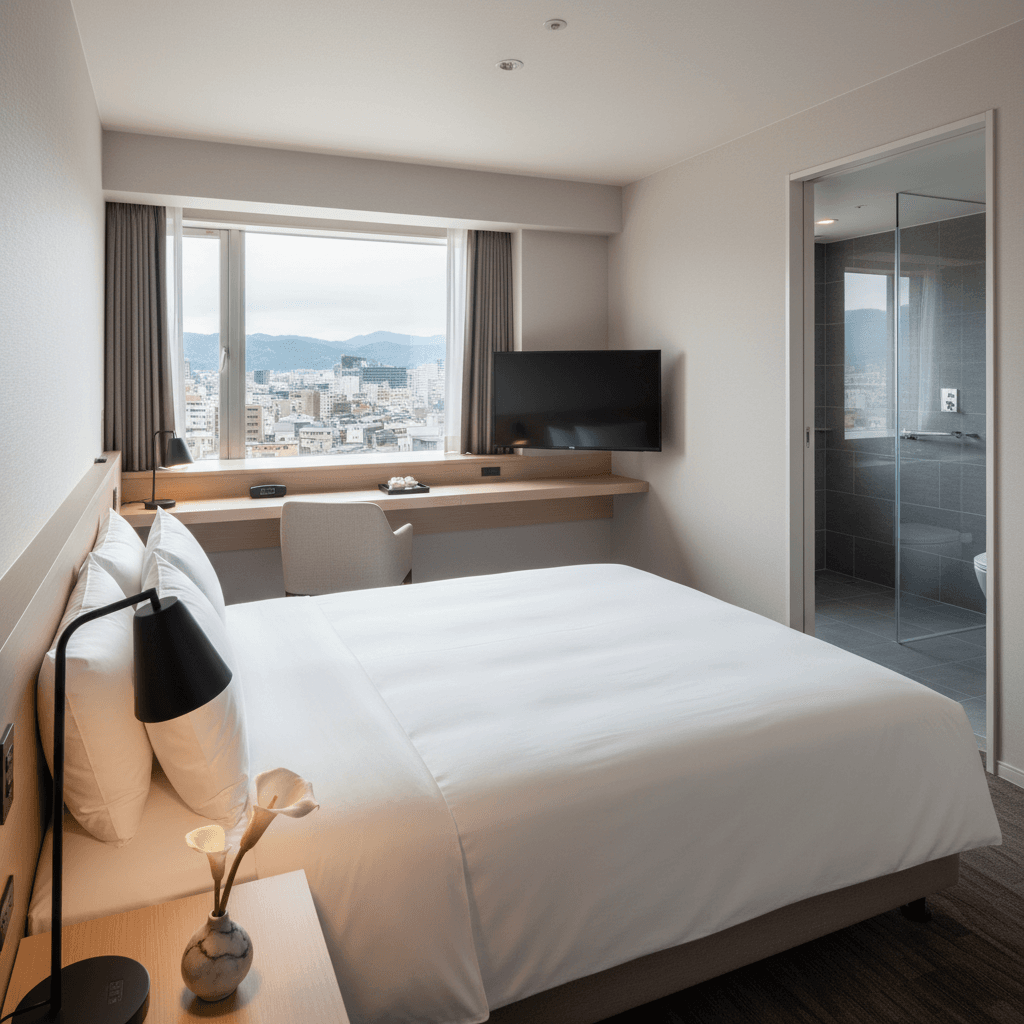 Modern, clean hotel guest room with neatly made bed, work desk, window view, and contemporary furnishings