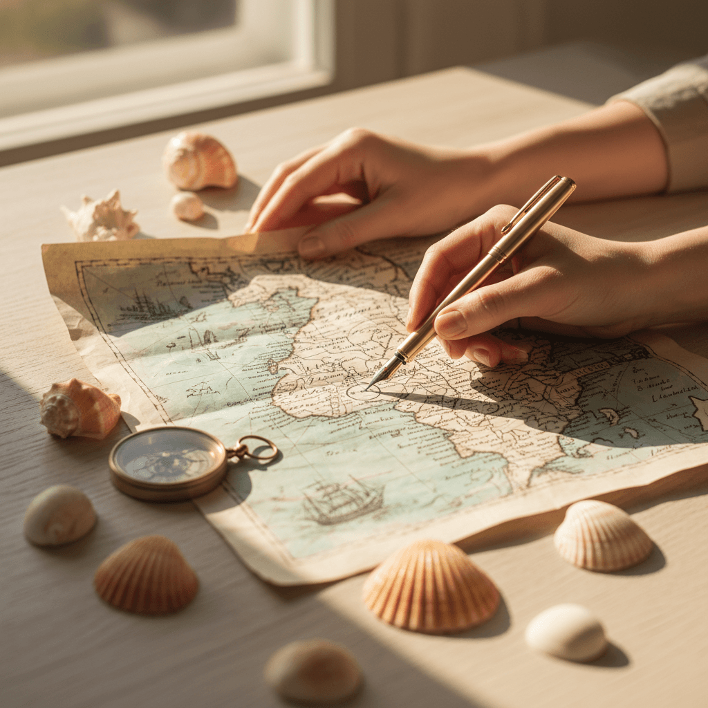 Manos trazando una ruta en un mapa de papel
