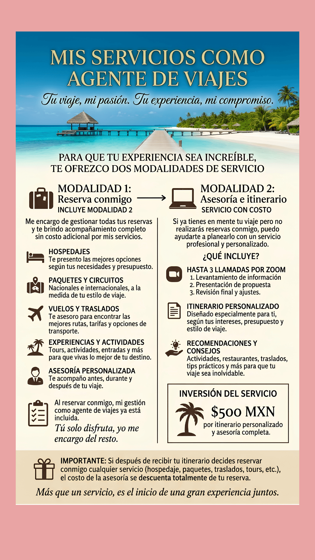 Infografía sobre servicios de agente de viajes, detallando opciones de reserva directa y asesoría personalizada.