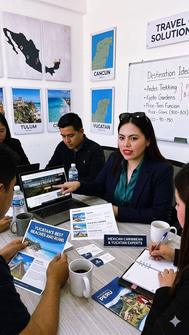Expertos en viajes planifican itinerarios por el Caribe mexicano y Yucatán en una oficina moderna.